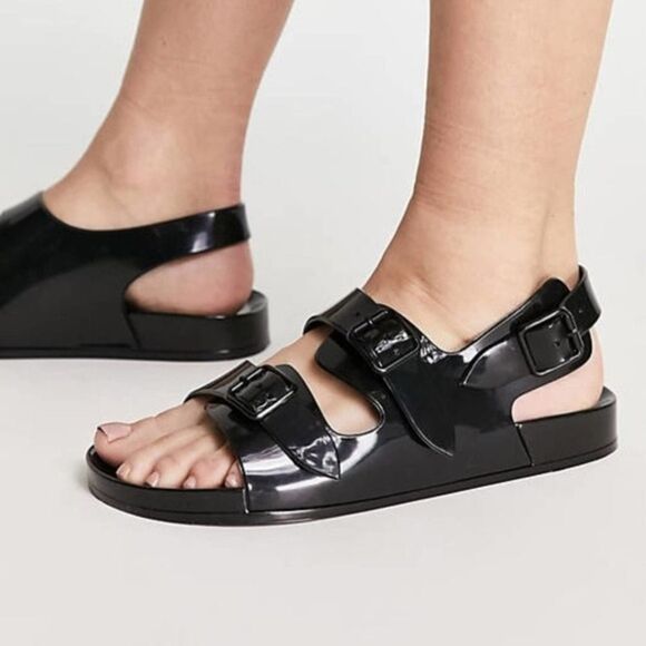 Women's Black Jelly Flat Buckled Sandals Adjustable Strap Smmoth Summer Black - Picture 2 of 4